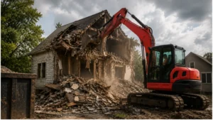 Red Excavator Demolishing a House