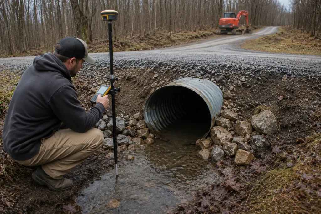 Realistic excavation professional inspecting a driveway culvert and roadside ditch, measuring elevation and examining water flow conditions, rural Southern Indiana property
