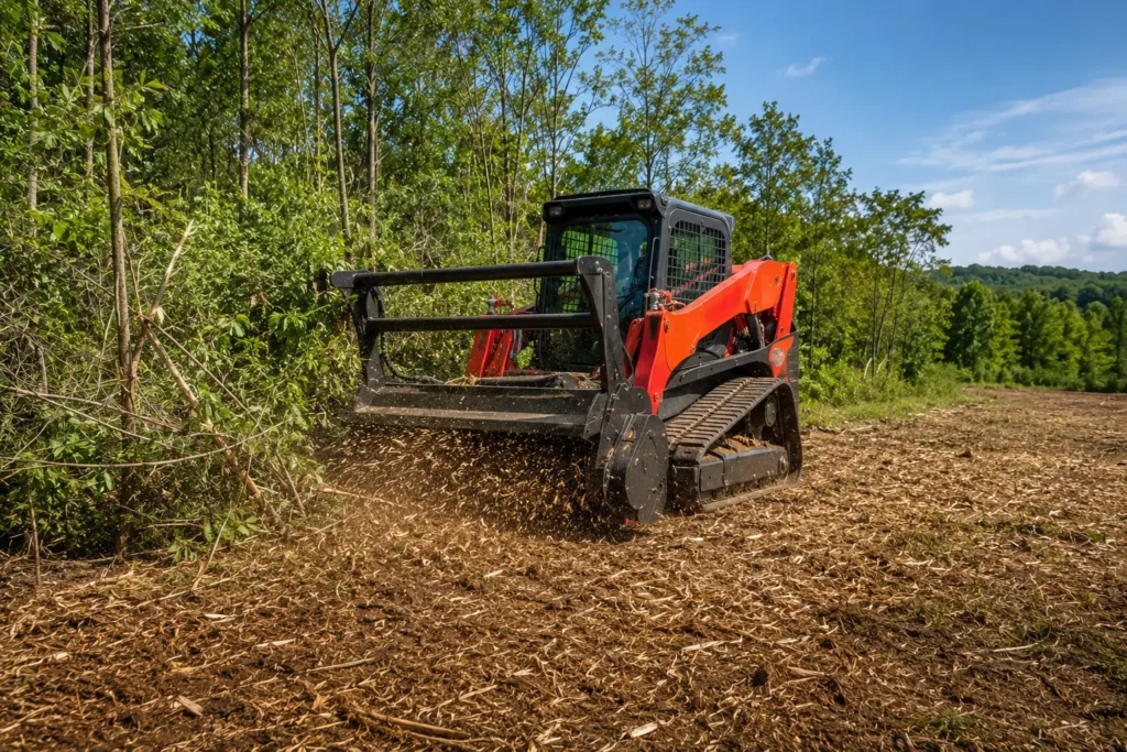 Realistic red Kubota forestry mulcher processing dense brush and small trees on a rural Southern Indiana property, mulch visible across the ground, professional construction