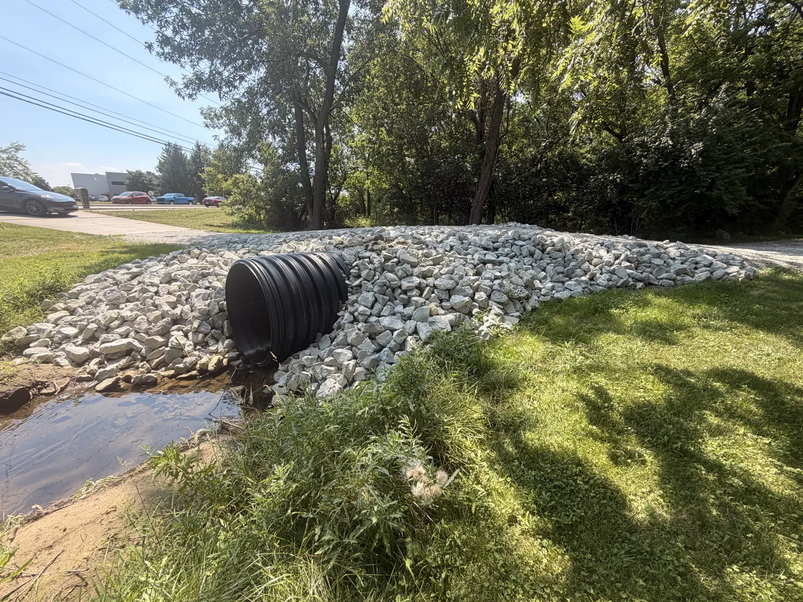Finished 72-inch HDPE culvert replacement with riprap, Hamilton County, Indiana